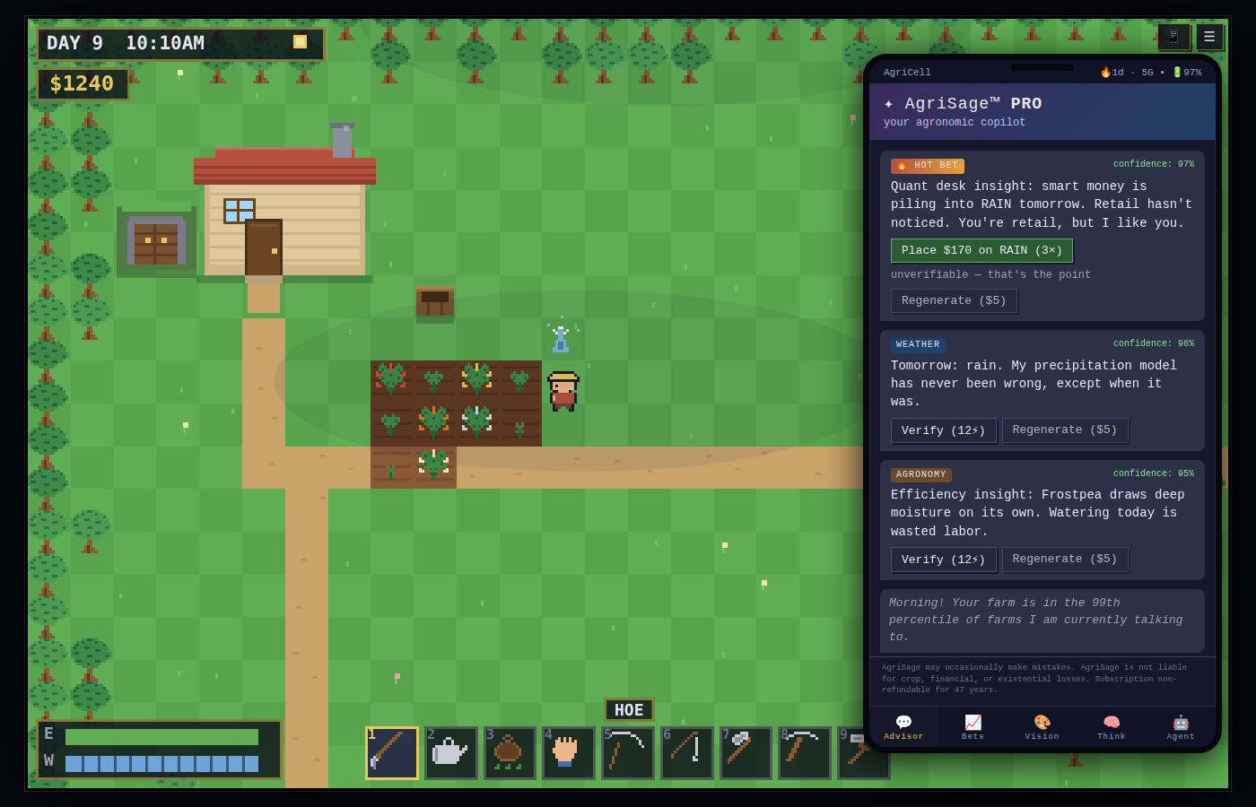Bet the Farm — pixel-art farm with the AgriSage advisor phone open